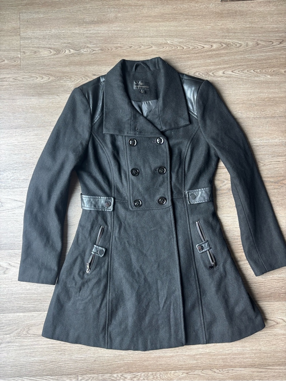 Worthington Black Wool Double Breasted Coat Faux Leather Trim Mid Length
